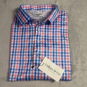 NWT Collars & Co Mens Dress Collar Polo Shirt XL Blue Pink Golf Athleisure